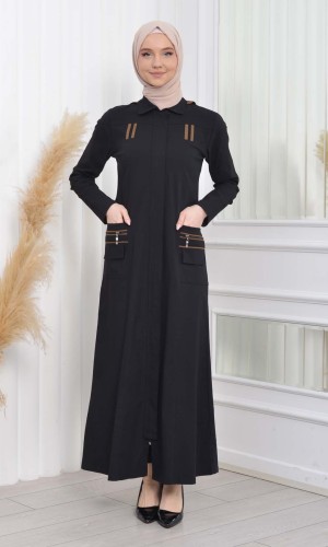 ترانشكوت كتان نسائي للمحجبات مع طاقية  1209 - اسود