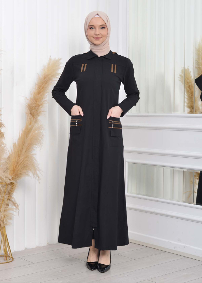 Hooded Zippered Linen Women Hijab Trench Coat Code : 1209 - black