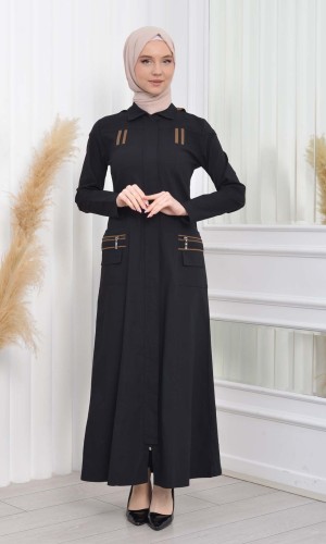 ترانشكوت كتان نسائي للمحجبات مع طاقية  1209 - اسود