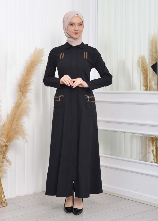 Hooded Zippered Linen Women Hijab Trench Coat Code : 1209 - black