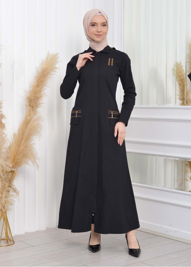 Hooded Zippered Linen Women Hijab Trench Coat Code : 1209 - black