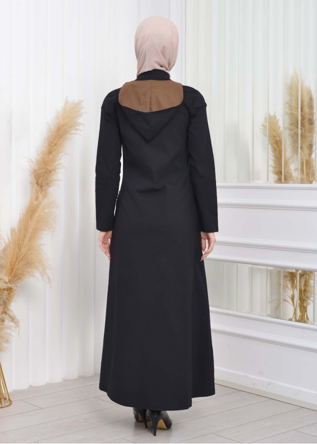 Hooded Zippered Linen Women Hijab Trench Coat Code : 1209 - black