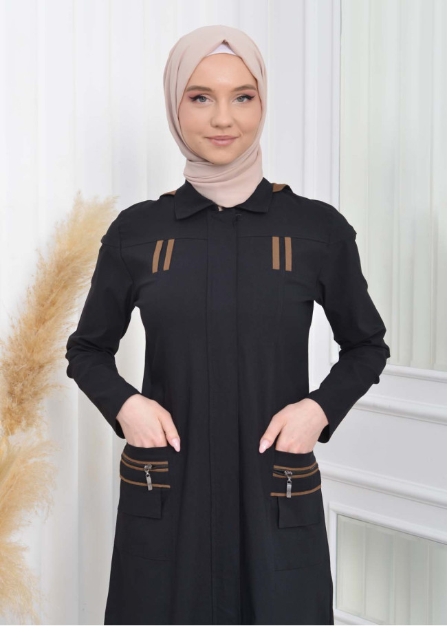 Hooded Zippered Linen Women Hijab Trench Coat Code : 1209 - black
