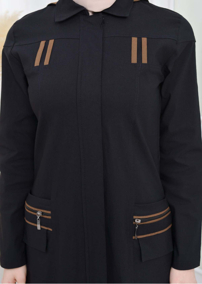 Hooded Zippered Linen Women Hijab Trench Coat Code : 1209 - black