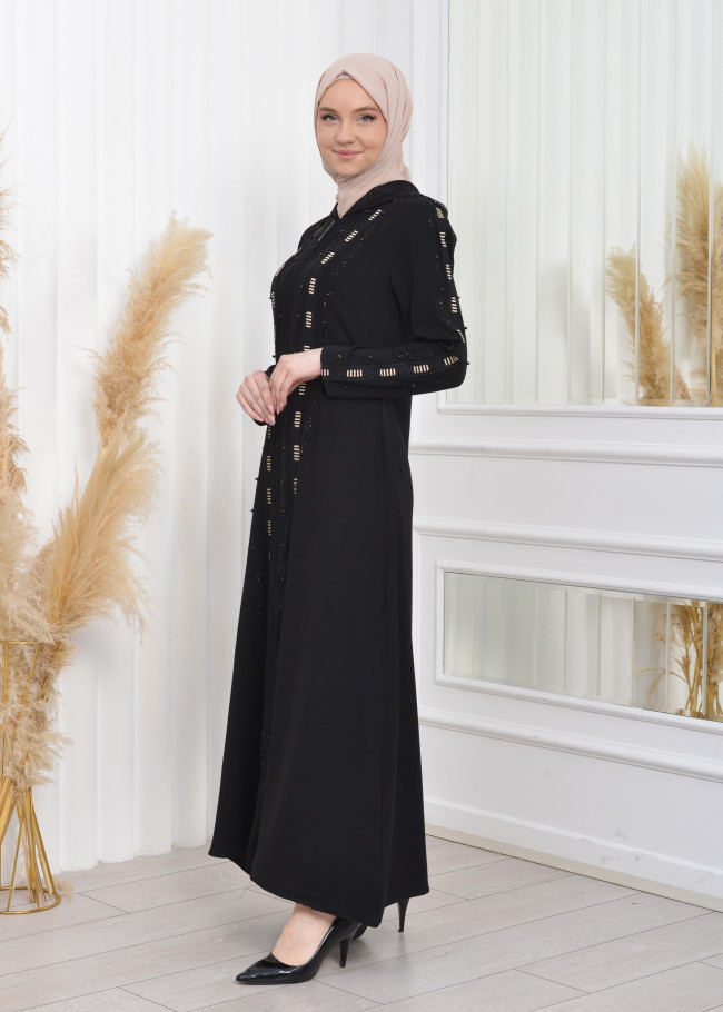 عباية مطرزة نسائية للمحجبات مع طاقية 629  Siyah