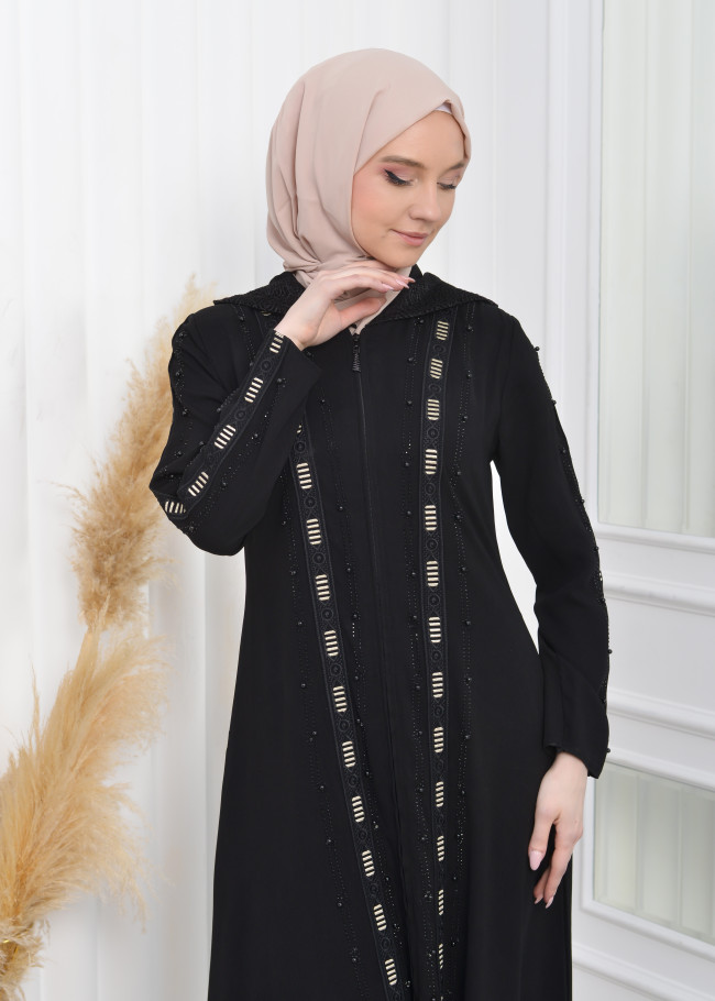 عباية مطرزة نسائية للمحجبات مع طاقية 629  Siyah