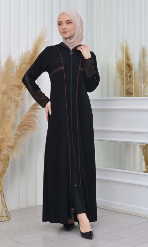 عباية نسائية للمحجبات اسود مع طاقية 613  - ترابي