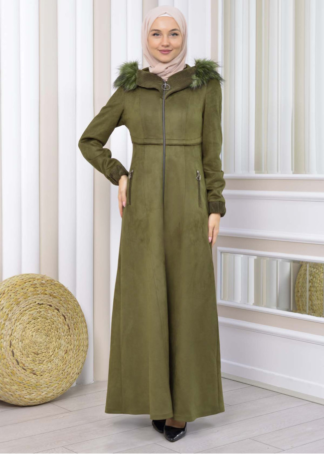 Hooded Zippered Hijab Overcoat 1331 Haki