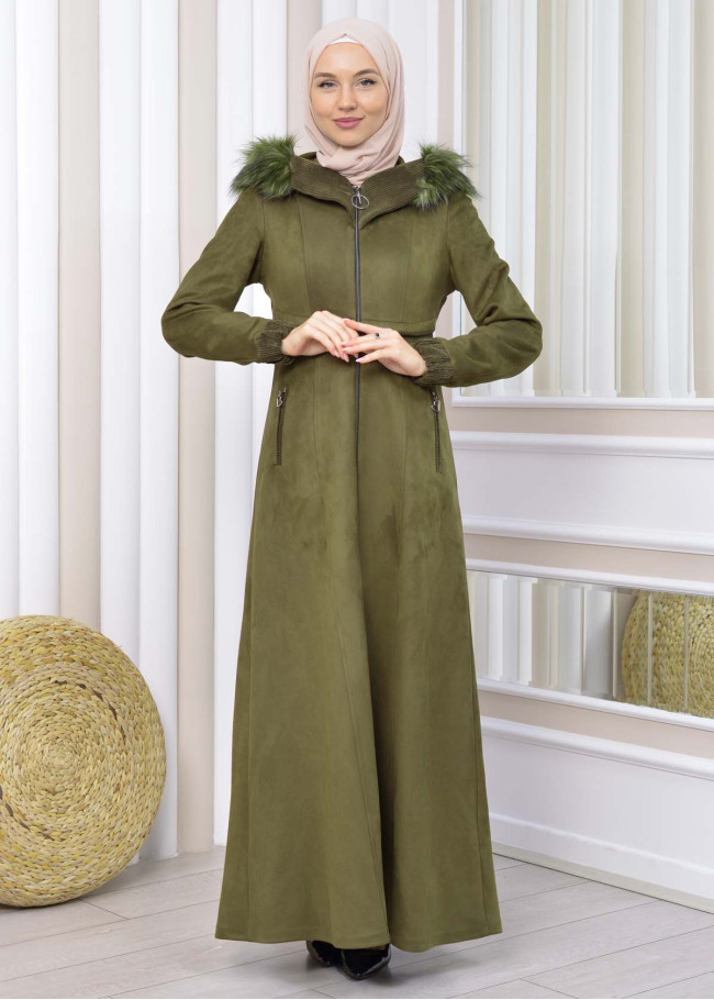 Hooded Zippered Hijab Overcoat 1331 Haki