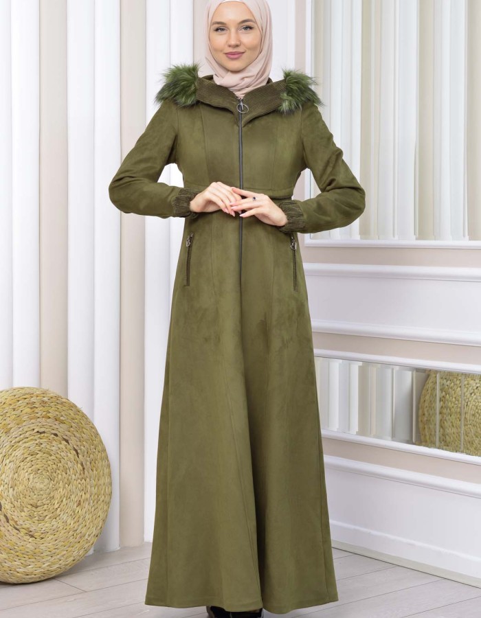 Hooded Zippered Hijab Overcoat 1331 - khaki