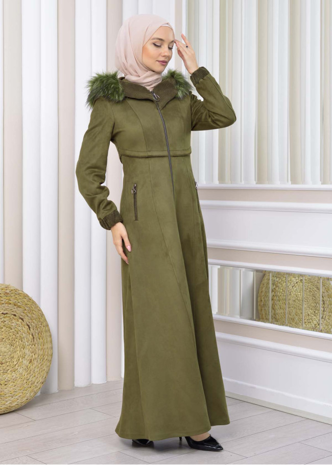 Hooded Zippered Hijab Overcoat 1331 Haki