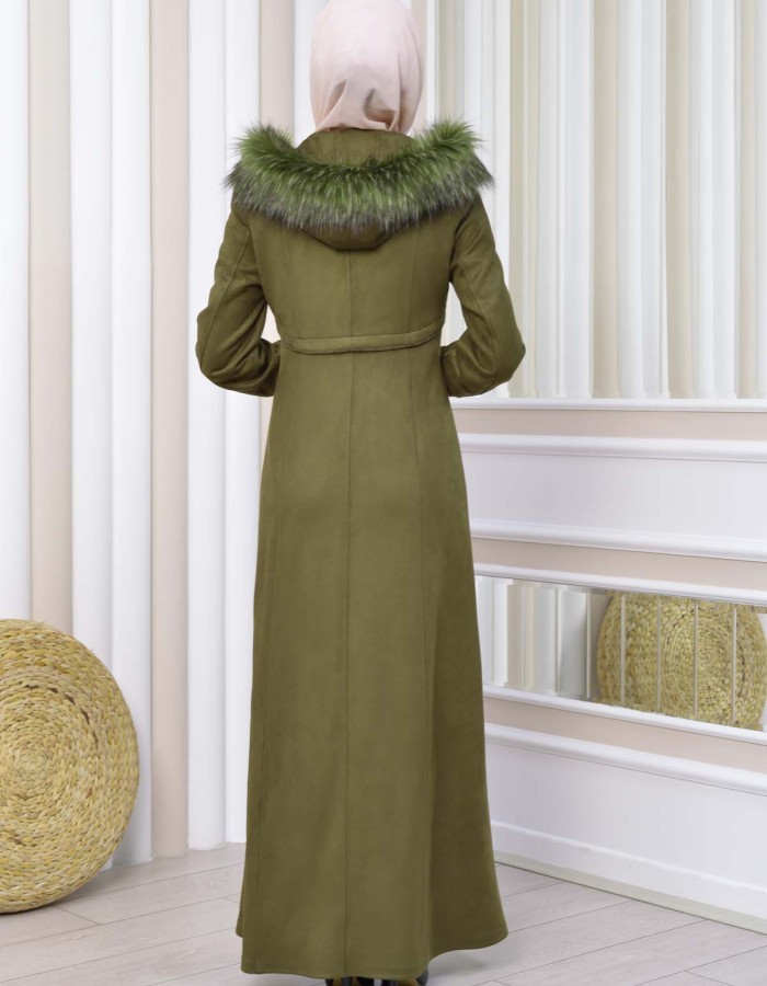 Hooded Zippered Hijab Overcoat 1331 - khaki