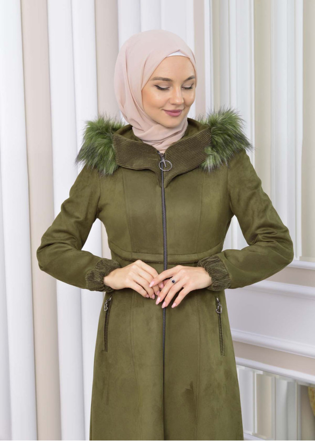 Hooded Zippered Hijab Overcoat 1331 Haki
