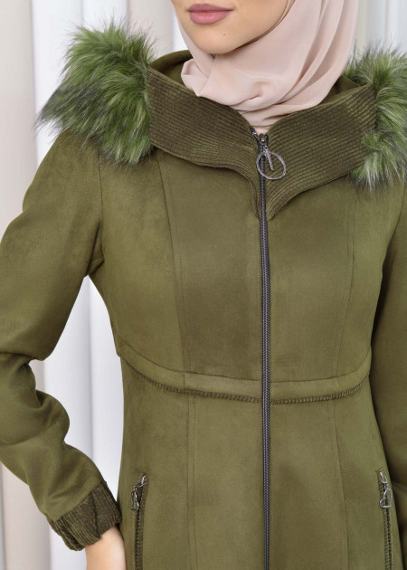 Hooded Zippered Hijab Overcoat 1331 Haki - 0133104800-984