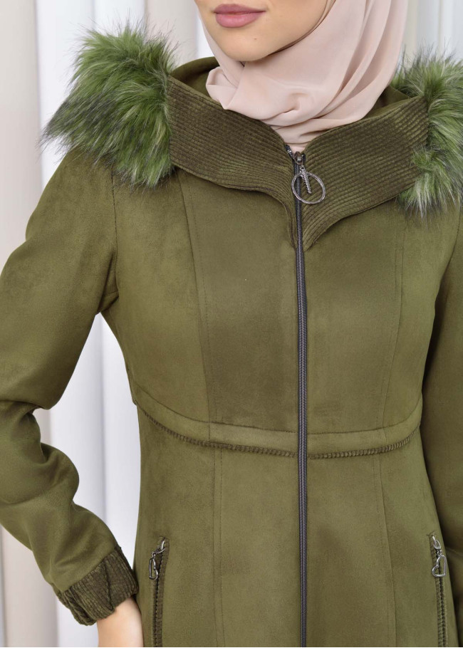 Hooded Zippered Hijab Overcoat 1331 Haki