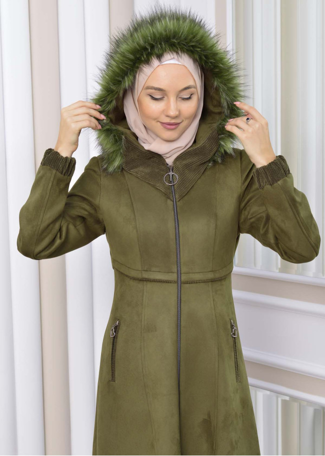 Hooded Zippered Hijab Overcoat 1331 Haki