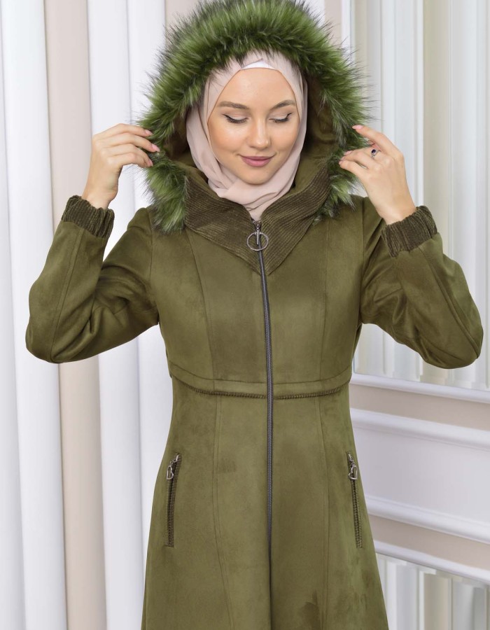Hooded Zippered Hijab Overcoat 1331 - khaki