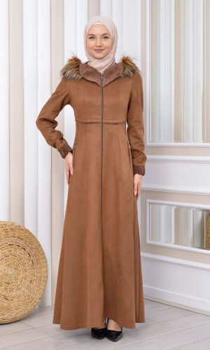 مانطو نسائي شاموا شتوي ملكي مع كبيشون فرو 1331 - بني