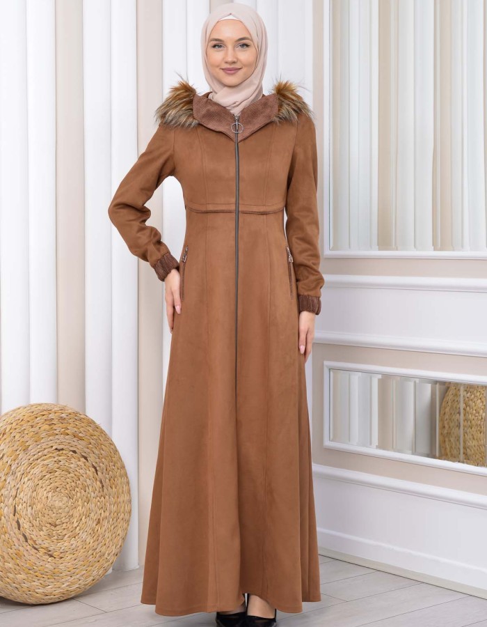 Hooded Zippered Hijab Overcoat 1331 Kahverengi