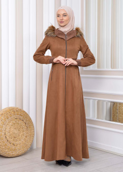 مانطو نسائي شاموا شتوي ملكي مع كبيشون فرو 1331 - بني