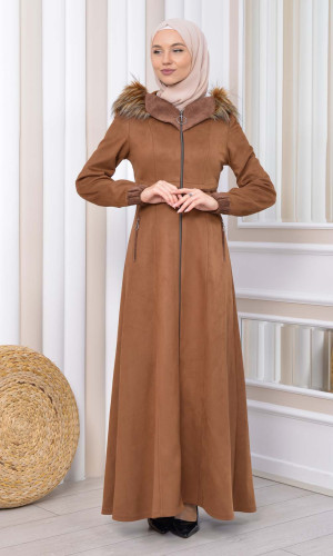 مانطو نسائي شاموا شتوي ملكي مع كبيشون فرو 1331 - بني
