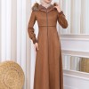Hooded Zippered Hijab Overcoat 1331 Kahverengi