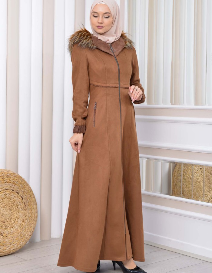 Hooded Zippered Hijab Overcoat 1331 Kahverengi