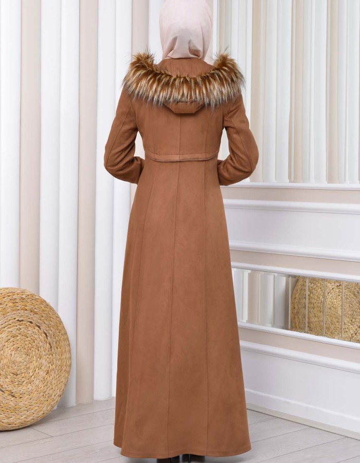 Hooded Zippered Hijab Overcoat 1331 Kahverengi