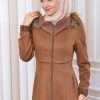 Hooded Zippered Hijab Overcoat 1331 Kahverengi