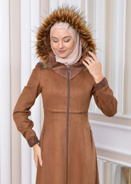 Long Suede Coat with Fur Hood 1331 - brown - HIJAB CLOTHING - Moda