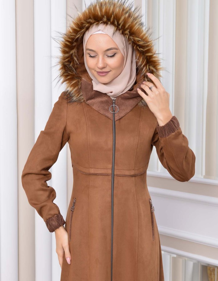 Hooded Zippered Hijab Overcoat 1331 Kahverengi