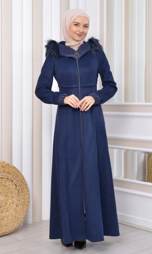 مانطو نسائي شاموا شتوي ملكي مع كبيشون فرو 1331 - كحلي