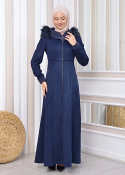 مانطو نسائي شاموا شتوي ملكي مع كبيشون فرو 1331 - كحلي