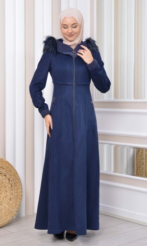 مانطو نسائي شاموا شتوي ملكي مع كبيشون فرو 1331 - كحلي