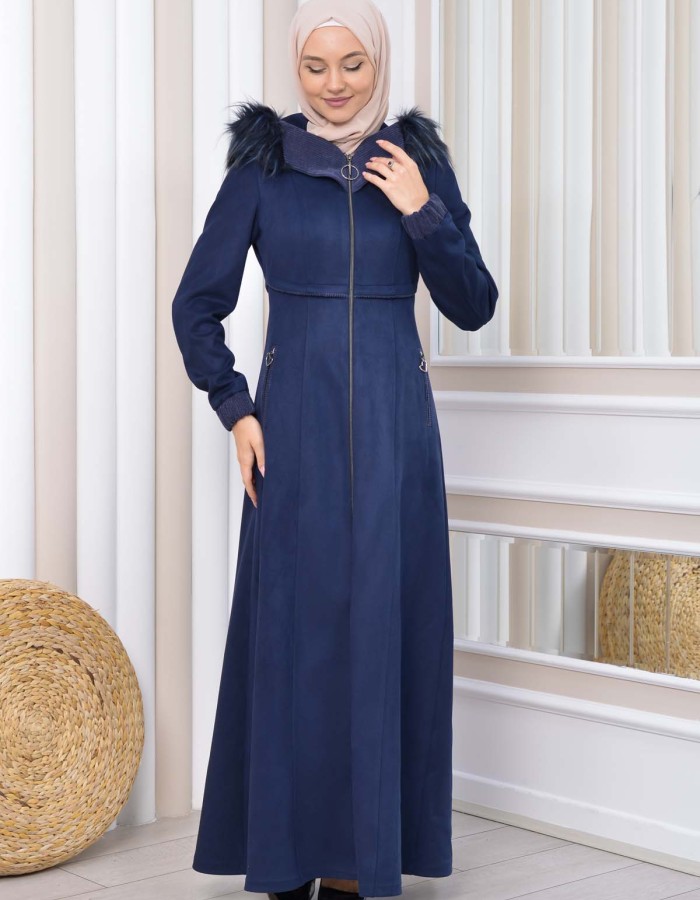 Hooded Zippered Hijab Overcoat 1331 - deep blue