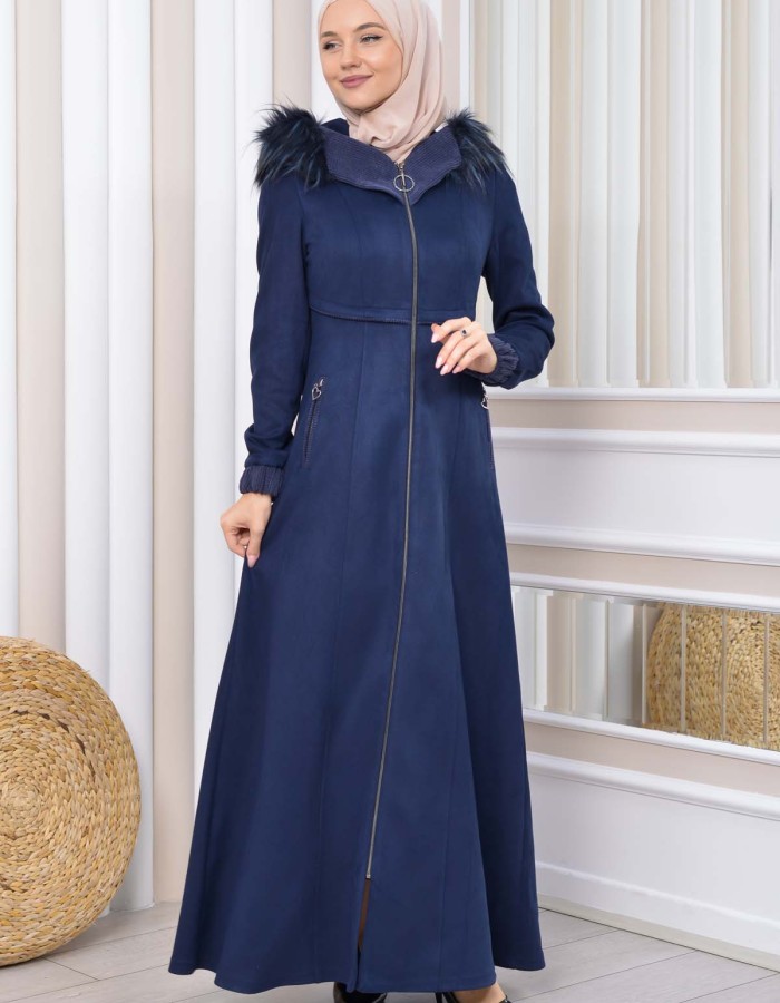 Hooded Zippered Hijab Overcoat 1331 - deep blue