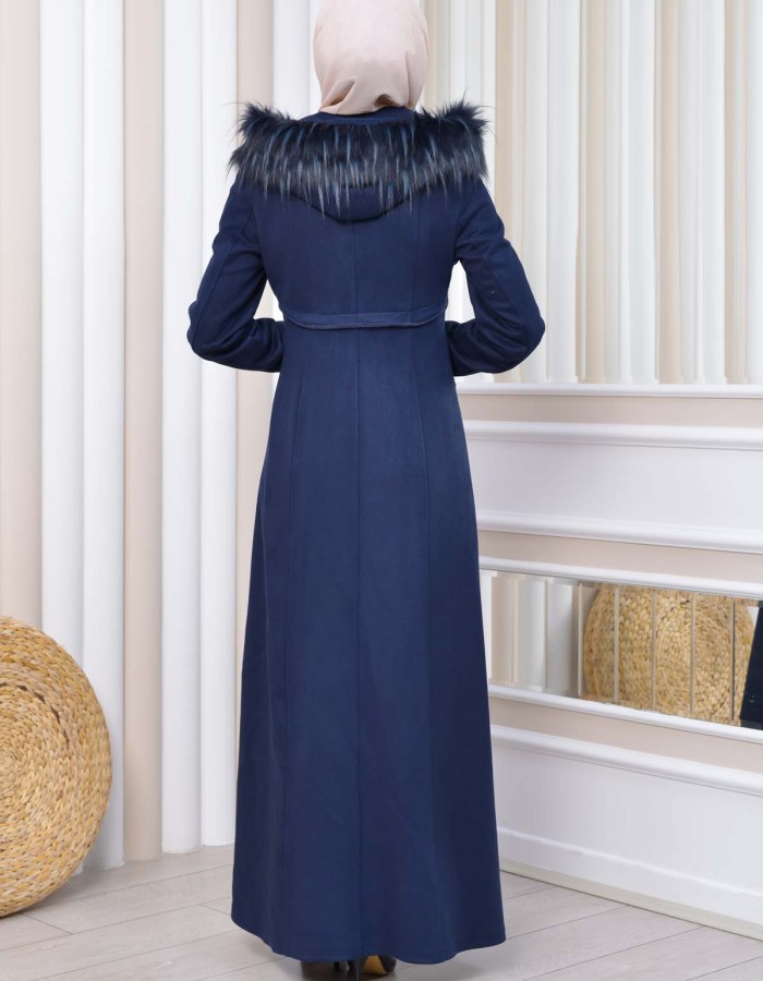 Hooded Zippered Hijab Overcoat 1331 - deep blue