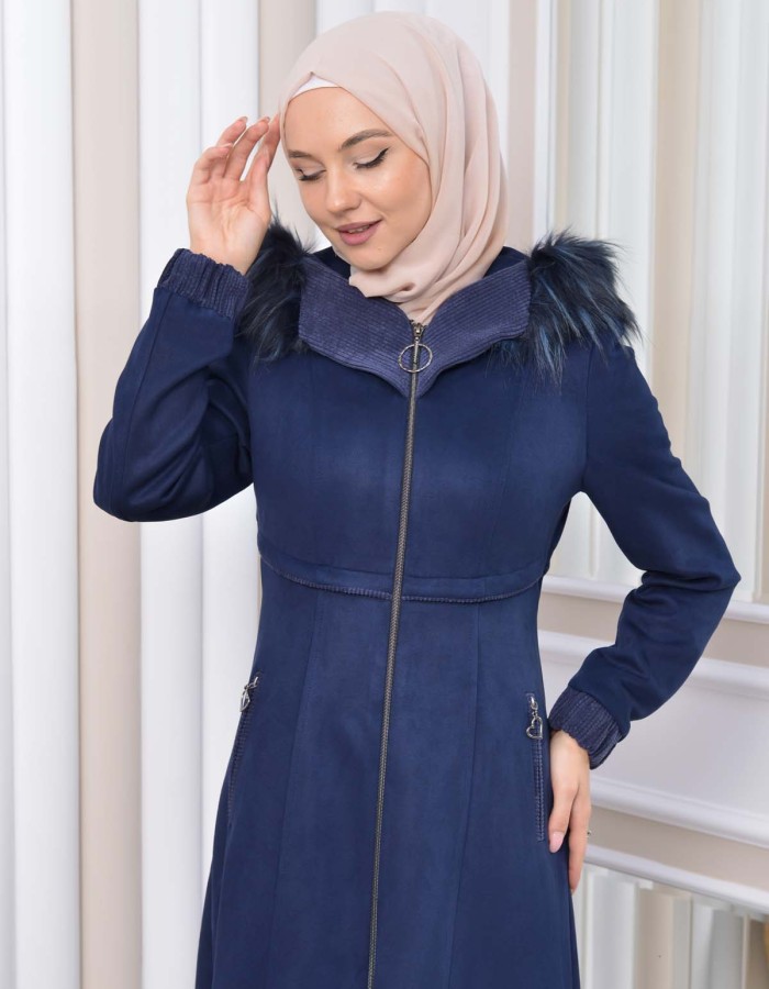 Hooded Zippered Hijab Overcoat 1331 - deep blue