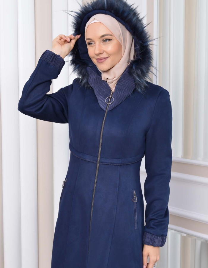 Hooded Zippered Hijab Overcoat 1331 - deep blue
