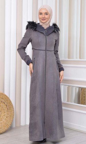 مانطو شاموا طويل بكبيشون فرو 1331 - رصاصي