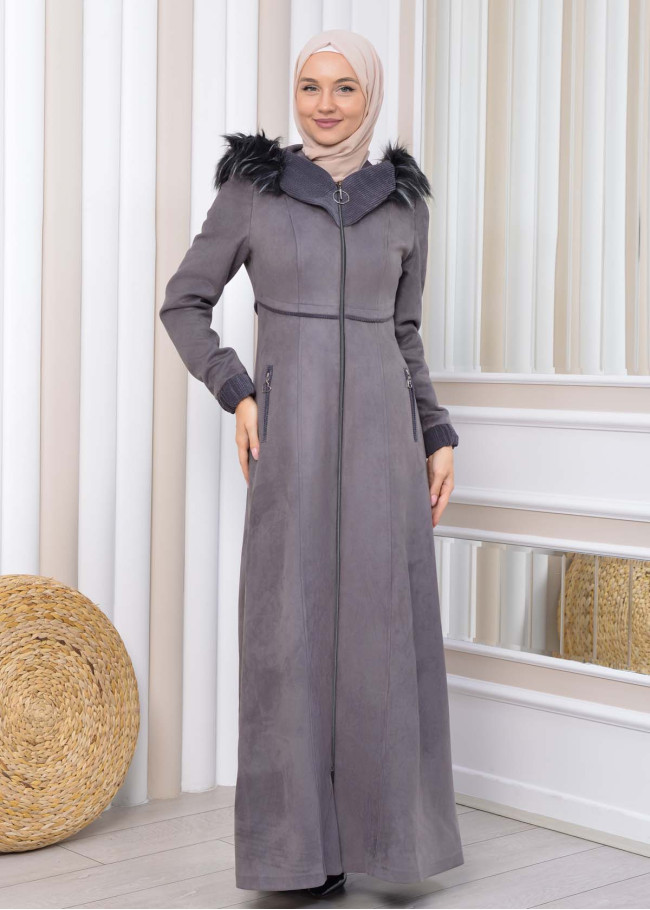 Hooded Zippered Hijab Overcoat 1331 Koyu gri