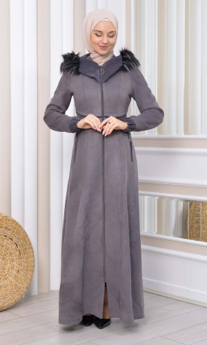 مانطو شاموا طويل بكبيشون فرو 1331 - رصاصي