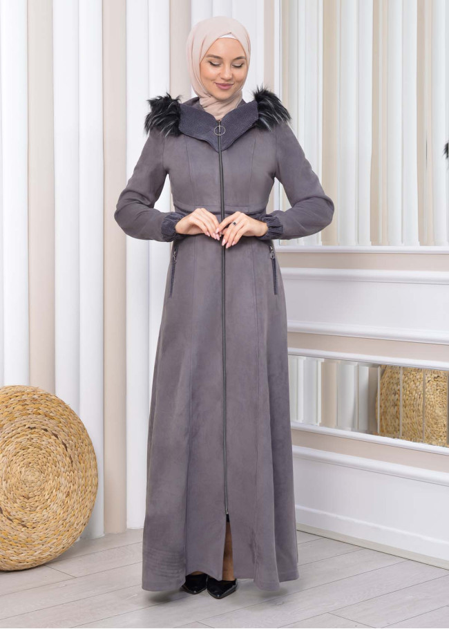 Hooded Zippered Hijab Overcoat 1331 Koyu gri