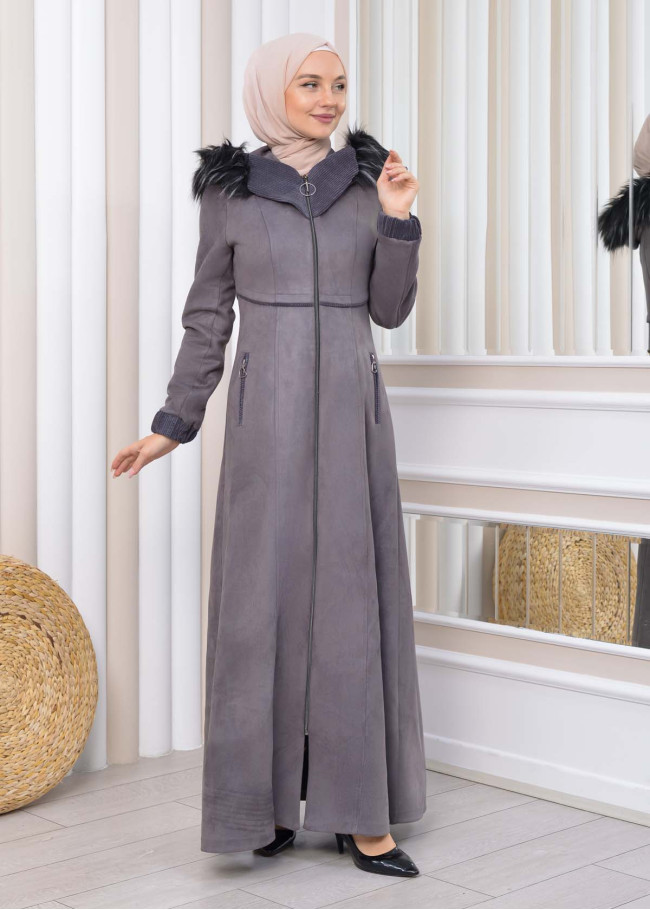 Hooded Zippered Hijab Overcoat 1331 Koyu gri