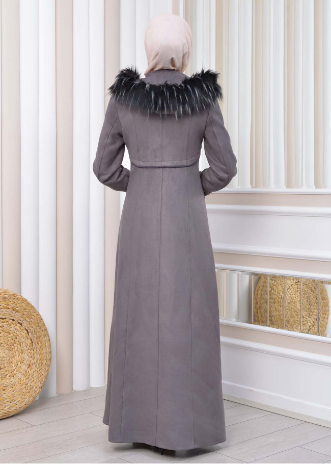 Hooded Zippered Hijab Overcoat 1331 Koyu gri