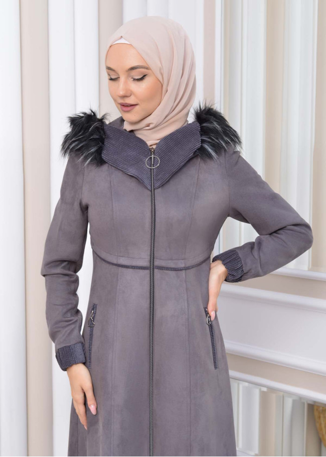 Hooded Zippered Hijab Overcoat 1331 Koyu gri