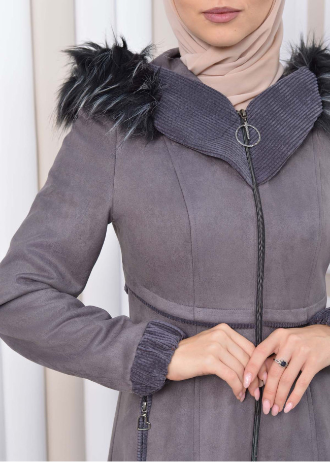 Hooded Zippered Hijab Overcoat 1331 Koyu gri