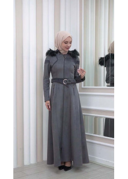 1332 مانطو نسائي للمحجبات مع حزام و طاقية - رصاصي