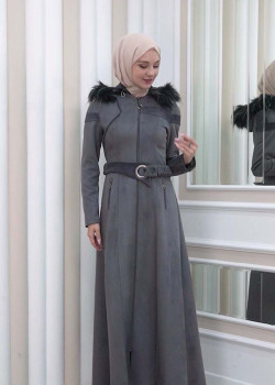 1332 مانطو نسائي للمحجبات مع حزام و طاقية - رصاصي