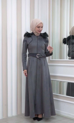 1332 مانطو نسائي للمحجبات مع حزام و طاقية - رصاصي